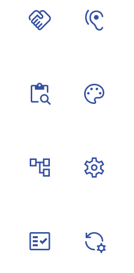 コンサルティング → ヒアリング → 情報整理 → 要件定義 → デザイン → 開発 → テスト → 運用・保守